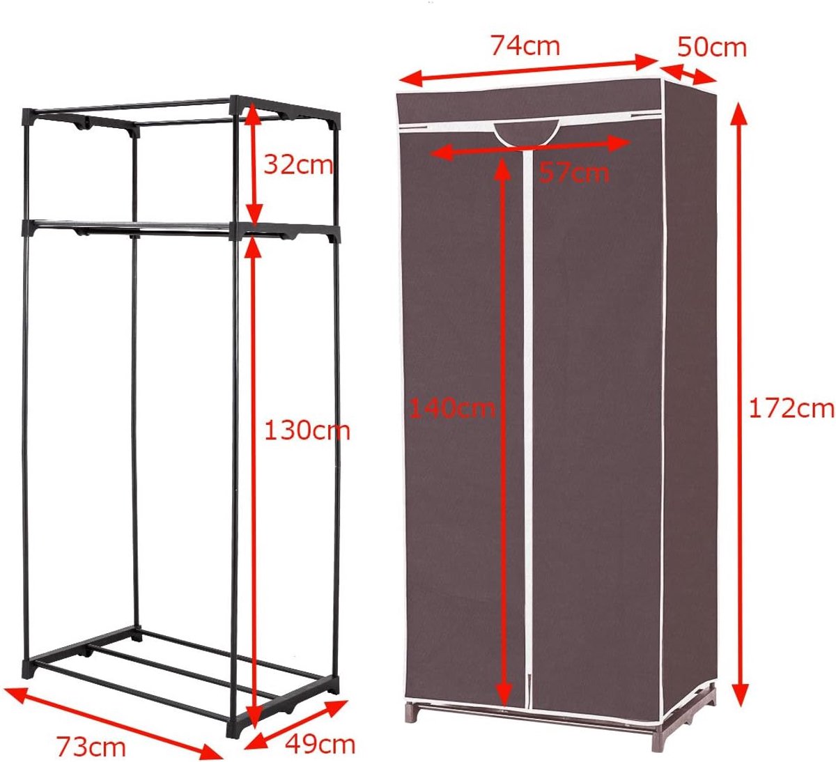 Coastal Fabric Garderobe - Ausgestattet mit Kleiderstange und atmungsaktive Abdeckung mit Reißverschluss und Anti-Rutsch-Füße - für Schlafzimmer und Camping - Schwarz Eisen und Vliesstoff - 74 x 50 x 172 cm