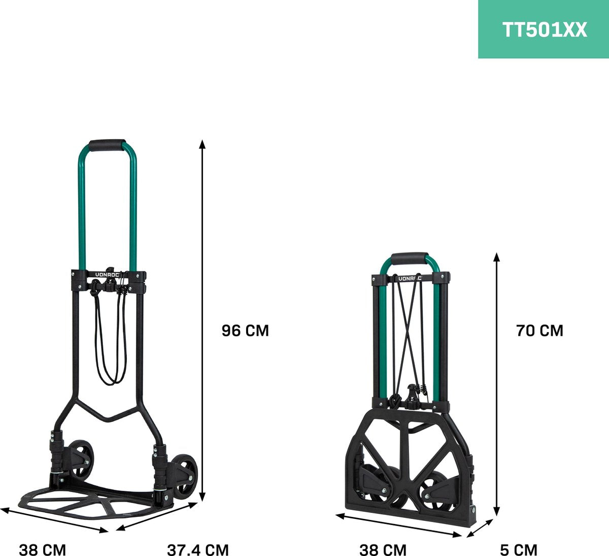 VONROC Trolley - Zusammenklappbar - Trageplattform mit Anti-Rutsch-Beschichtung - Max. Belastbarkeit 80kg. - Inkl. Gepäckspinne