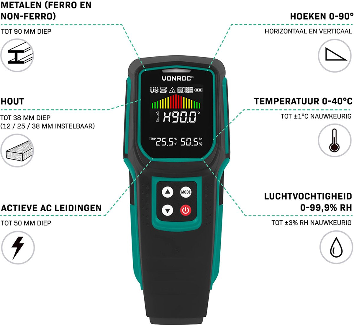 VONROC Rohrsuchgerät WD501DC - Multidetektor für Metall, Holz und Elektro - mit digitalem Winkelmesser, Temperatur- und Feuchtigkeitsmessung - Mehrfarbiges LCD - 17 x 7 x 3 cm