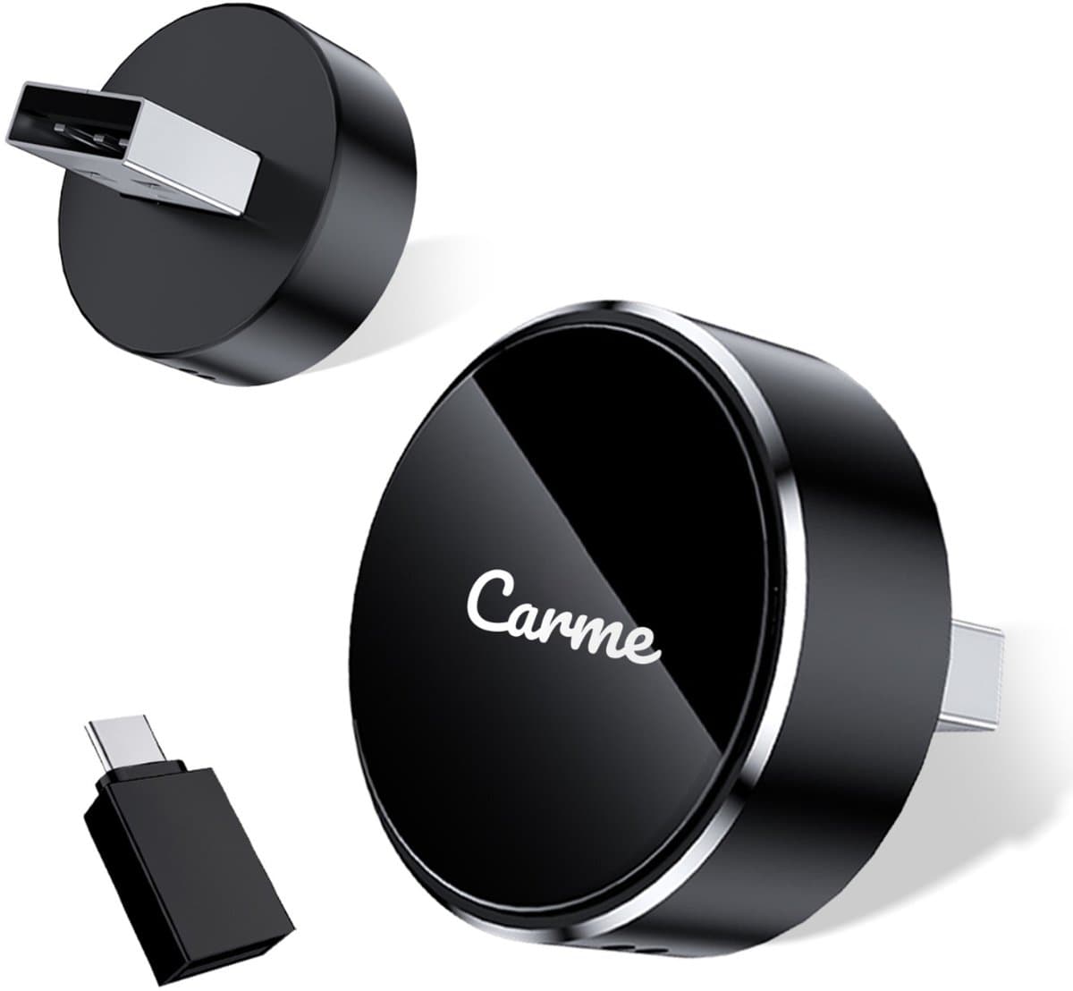 CarMe Ultra Mini 2-in-1 CarPlay-Dongle – Mit drahtloser Bluetooth-Verbindung, aktualisierbarer Firmware sowie USB-A- und USB-C-Kompatibilität – Für Apple und Android – Schwarzer Kunststoff – Rundes Design