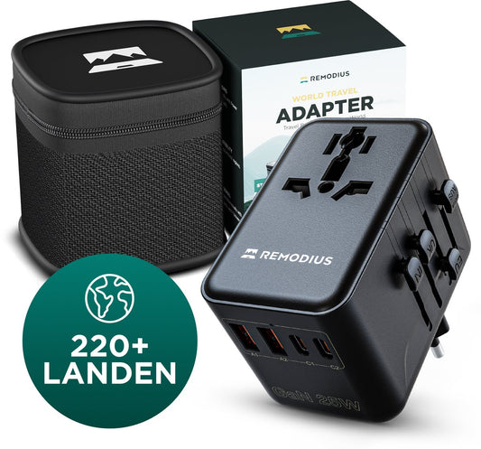 Remodius World Plug - Universeller Reiseadapter für 220+ Länder - 2x USB-C & 2x USB-A - Schnellladegerät - Typ A/B/C/D/E/F/G/I/J/L/N - Kompakt & handgepäcktauglich