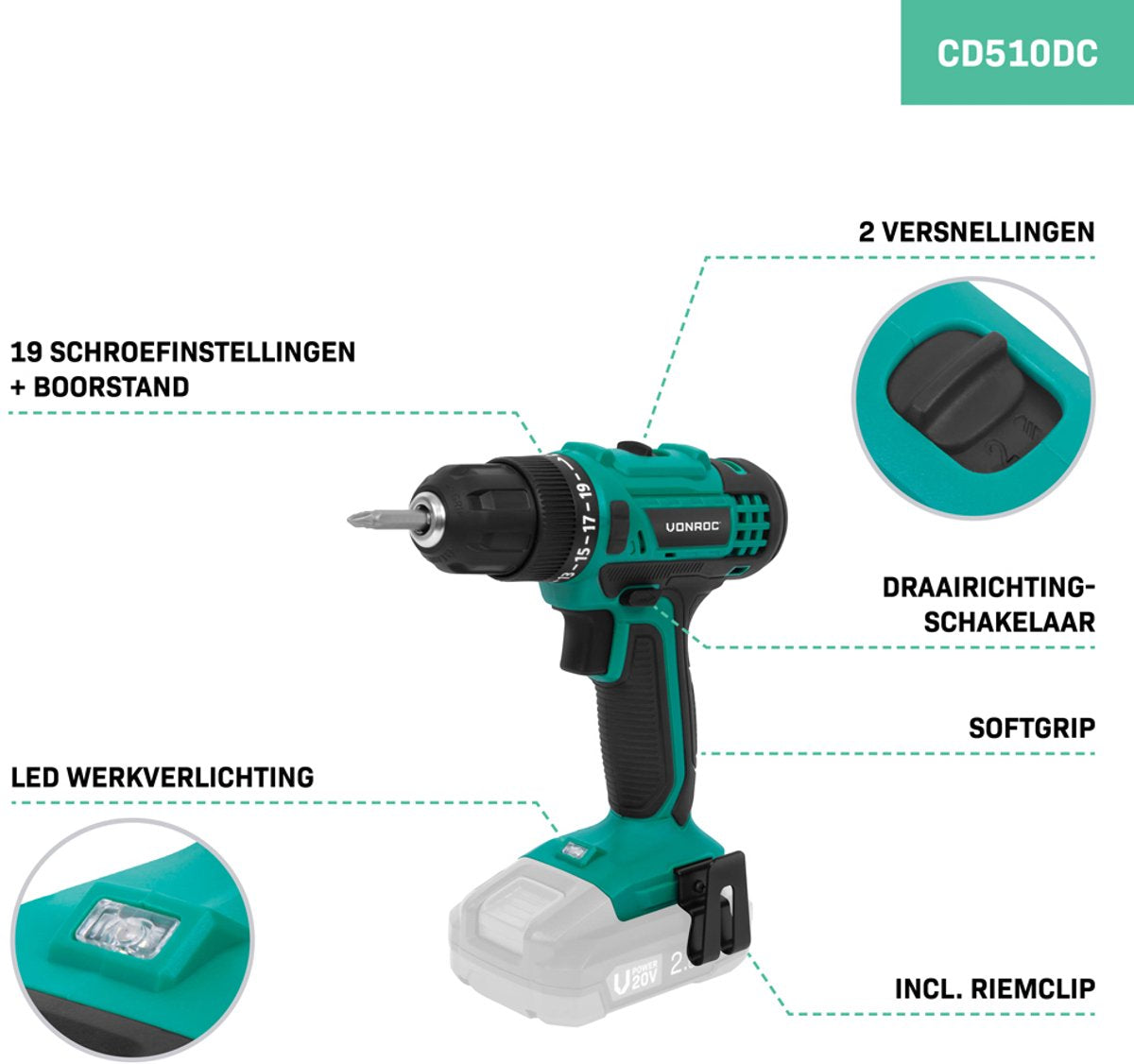 Vonroc Akku-Bohrmaschine 20V - 19 Schraubmodi + Bohrmodus - Inkl. 2 Bits - Ohne Akku & Schnellladegerät