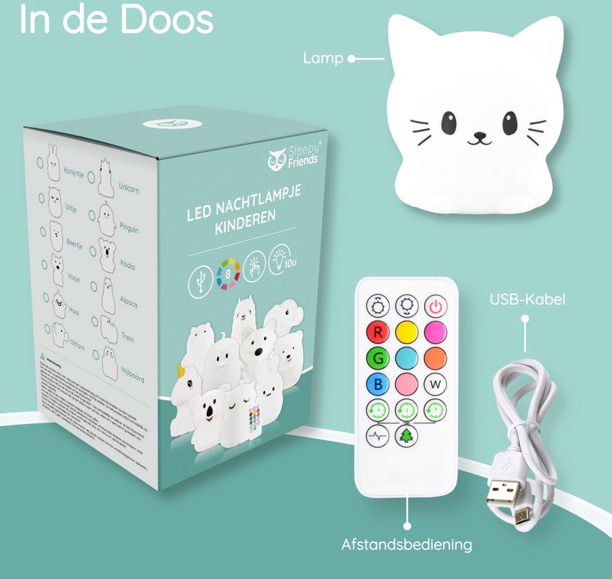 Sleepy Friends Sleepy Friends Kindernachtlicht Katze - 8 Farben - USB aufladbar - dimmbar - 95.2 x 97.4 x 100 mm - Grau