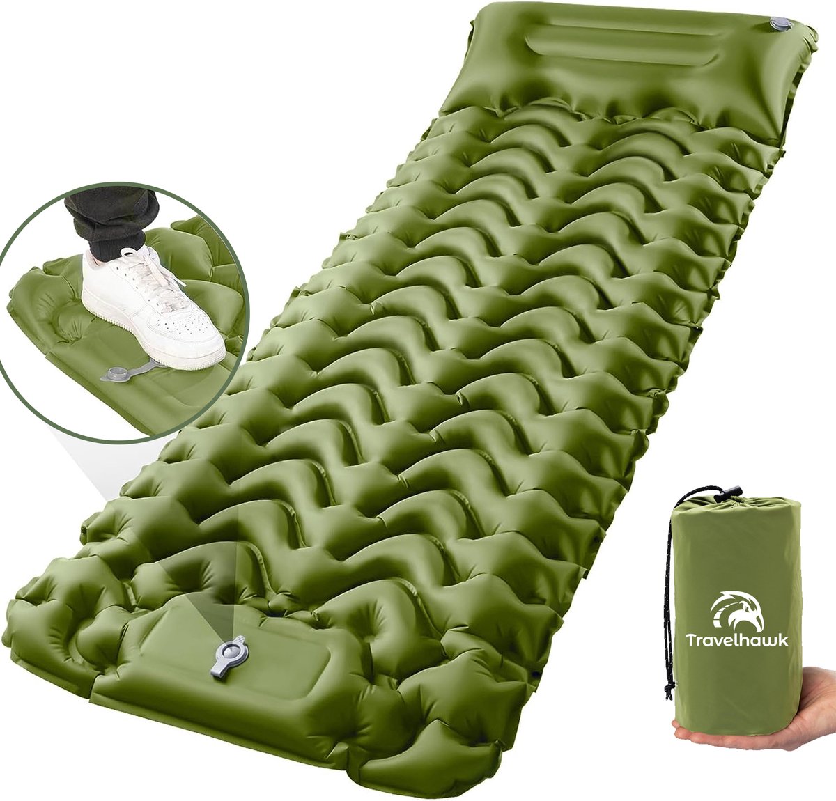 Travelhawk Luftmatratze - Campingbett - Eingebaute Pumpe - 1 Person - Schlafmatte 1 Person - Klicksystem - Grün