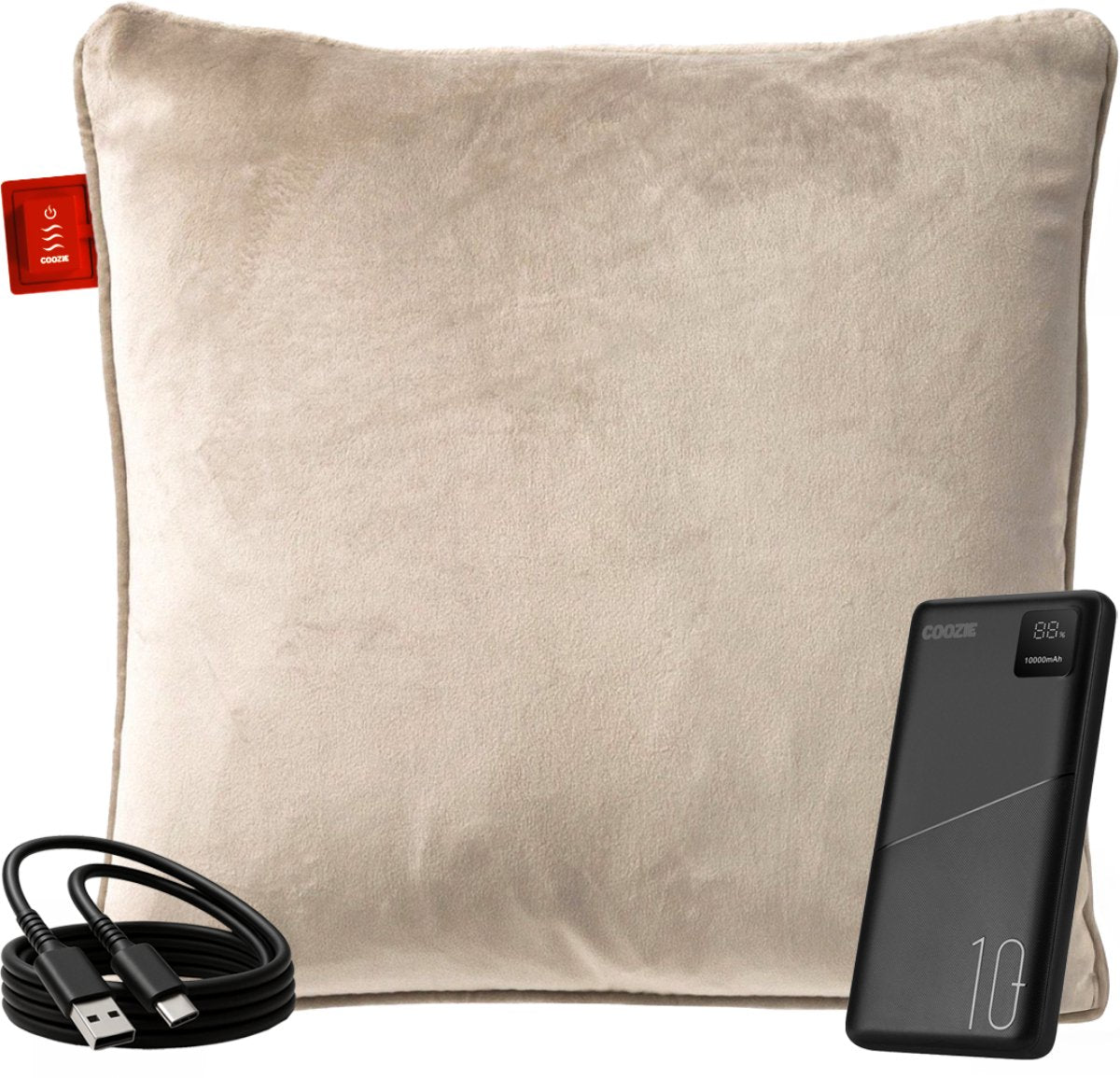 Coozie Wiederaufladbares Wärmekissen 45x45 cm - Kabellos & kabelgebunden - 3 Wärmestufen (45-65°C) - Velvet Beige - Inkl. 10.000 mAh Powerbank