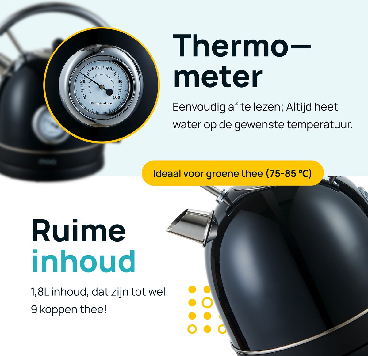 MOA® Retro-Wasserkocher - 1,8 Liter - Edelstahl - Mit Thermometer & Anti-Kalk-Filter - 2200W - Schwarz
