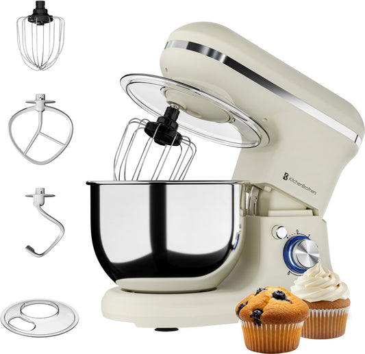 KitchenBrothers Küchenmaschine - 1200W - 5L Rührschüssel - 6 Geschwindigkeiten + Pulse - Küchenroboter mit Knethaken, Schneebesen & Rührhaken - Champagner