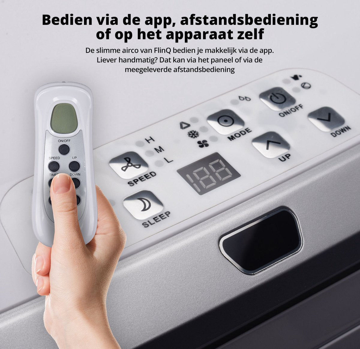 FlinQ Smart Mobile Air Conditioner - Mit Ablaufschlauch - 13.000 BTU - Silent Sleep Funktion - Kühlt bis zu 50m2 - Mit App und Fernbedienung - 41,5 x 41,8 x 79 cm - Weiß