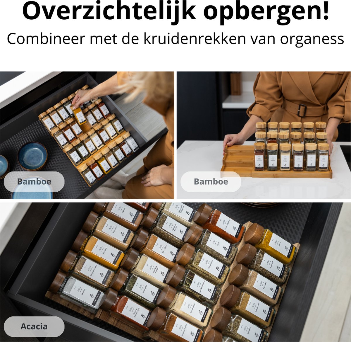 Organess Gewürzdosen Set 42 Stück quadratisch - Akaziendeckel - Inklusive Etiketten und Zubehör - 120ml