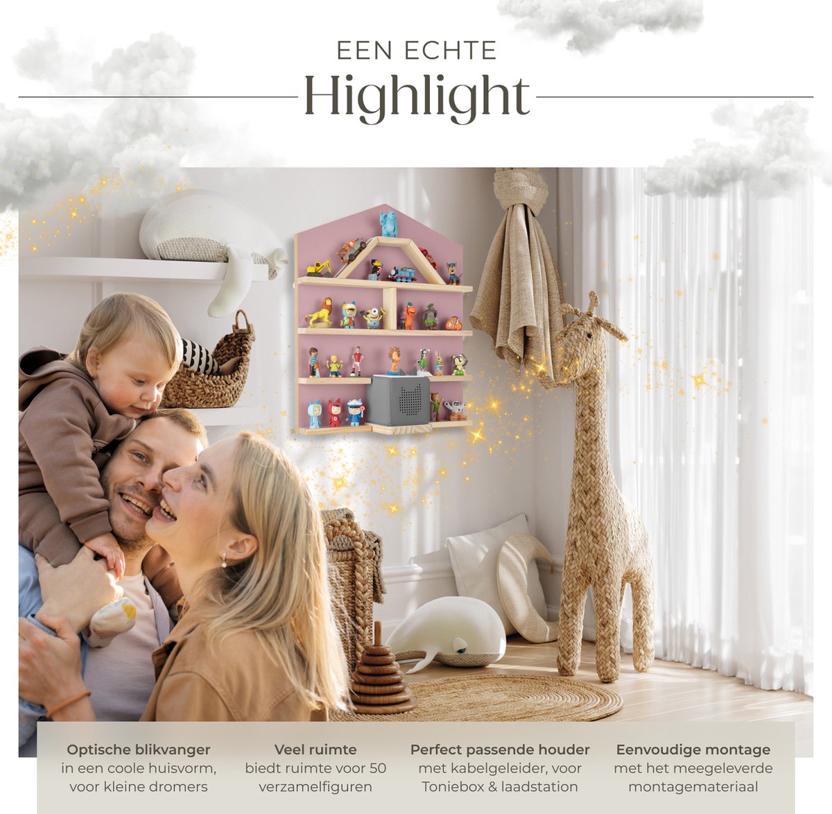 Tectake Mylittle Story Wandregal für Tonies - Hausform - Holz - Kirschbaumoptik