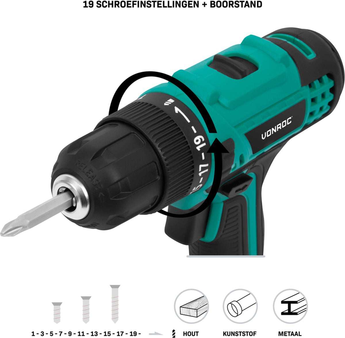 Vonroc Akku-Bohrmaschine 20V - 19 Schraubmodi + Bohrmodus - Inkl. 2 Bits - Ohne Akku & Schnellladegerät