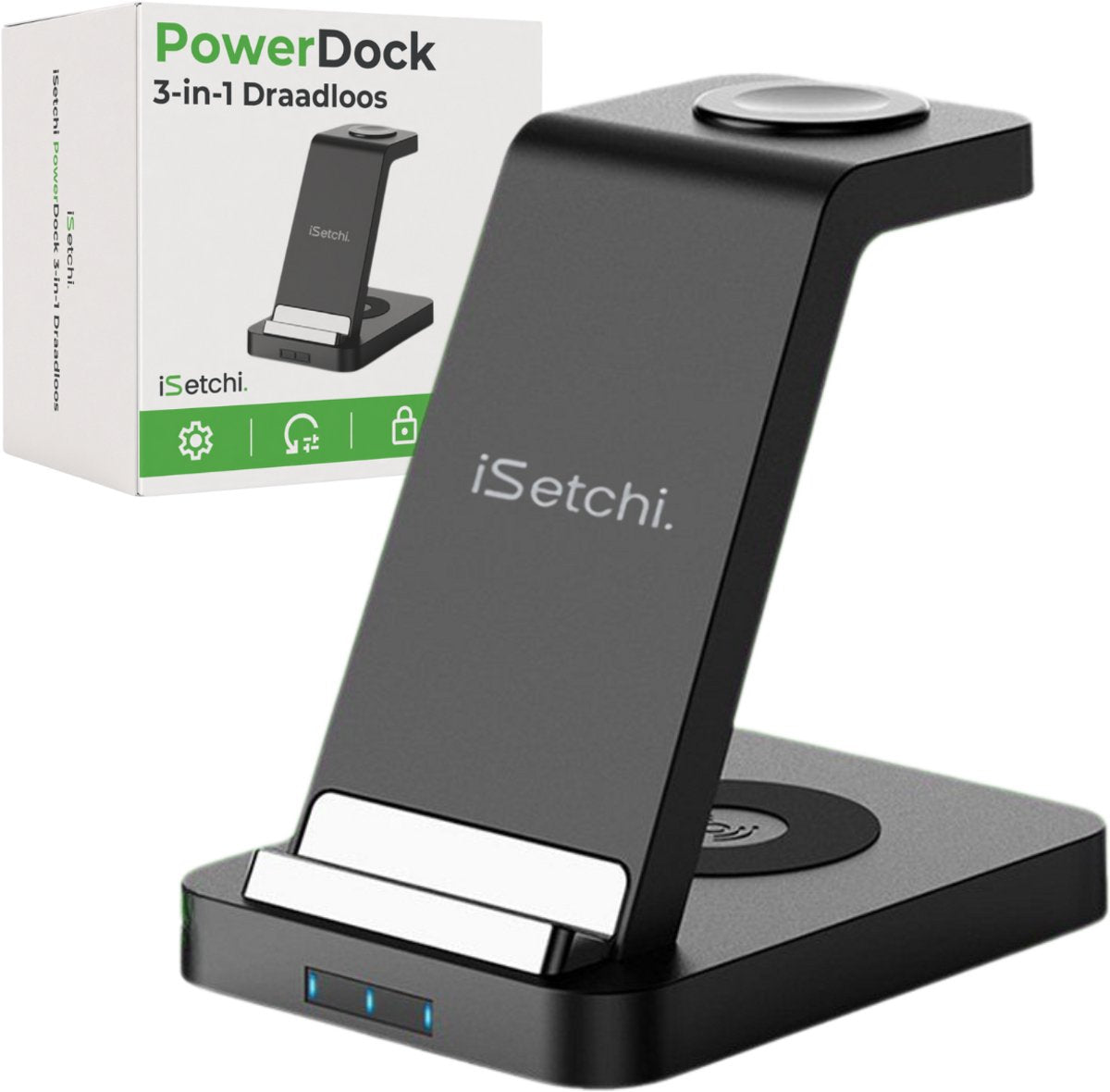 iSetchi Wireless 3-in-1 Ladestation - LED-Anzeige - 15W Schnellladung - Schwarz