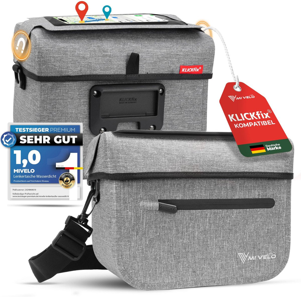 MIVELO Kinderlenkertasche - KLICKfix kompatibel - Wasserdicht - Mit Handyfach - Grau