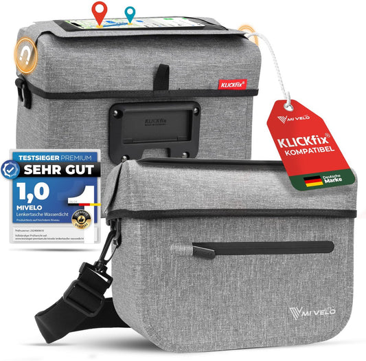 MIVELO Kinderlenkertasche - KLICKfix kompatibel - Wasserdicht - Mit Handyfach - Grau