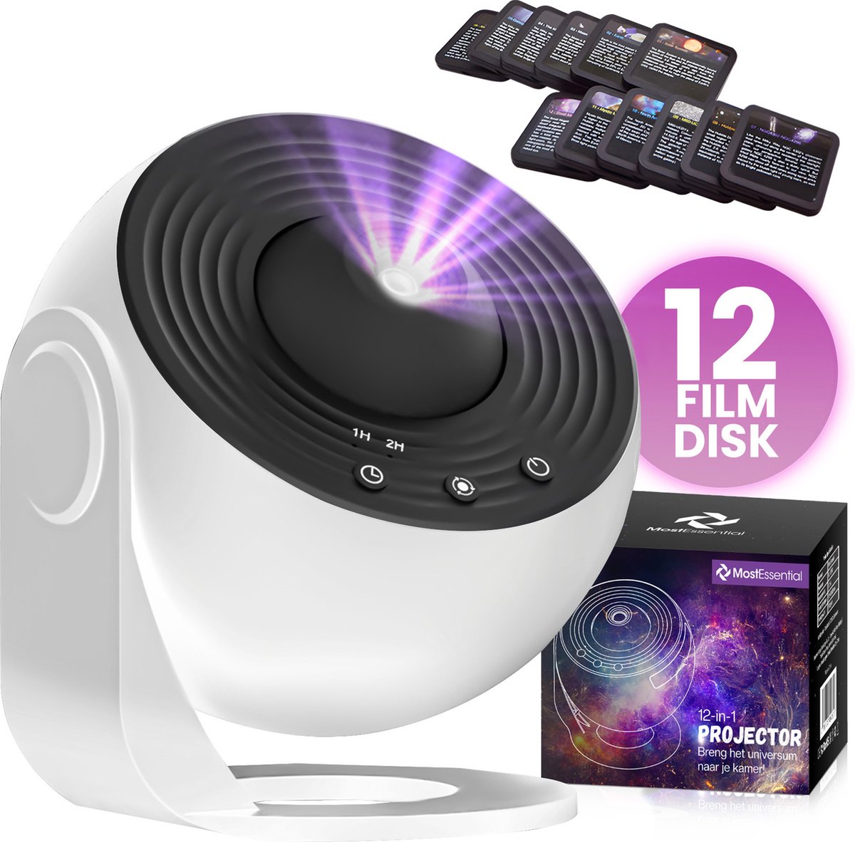MostEssential Premium 12-in-1-Projektorlampe - 360° - 3000 lm - Schwarz + Weiß