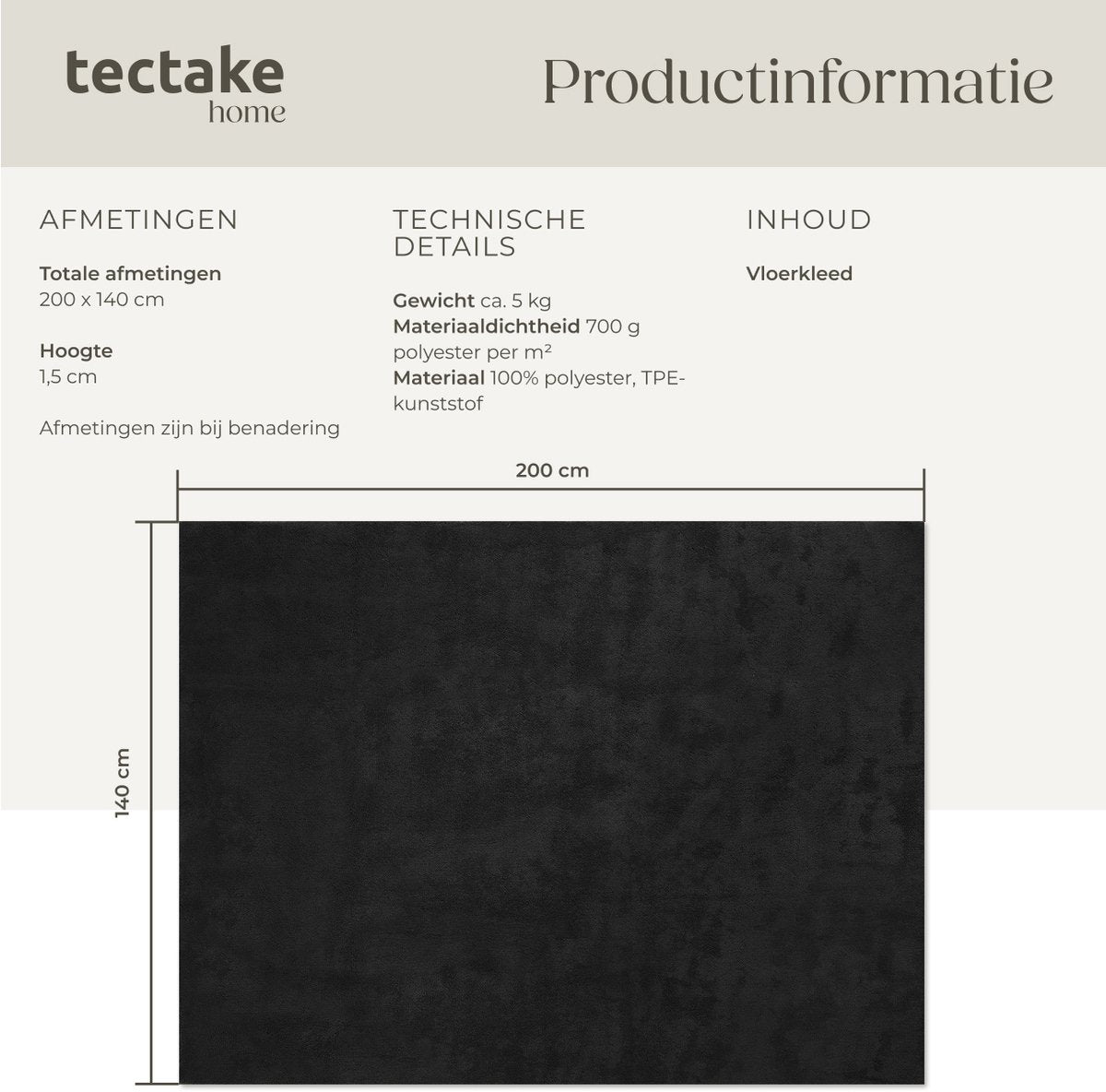 tectake Soft Zone Teppich - Kurzflor - Extra weich - Schwarz - 140 × 200 cm