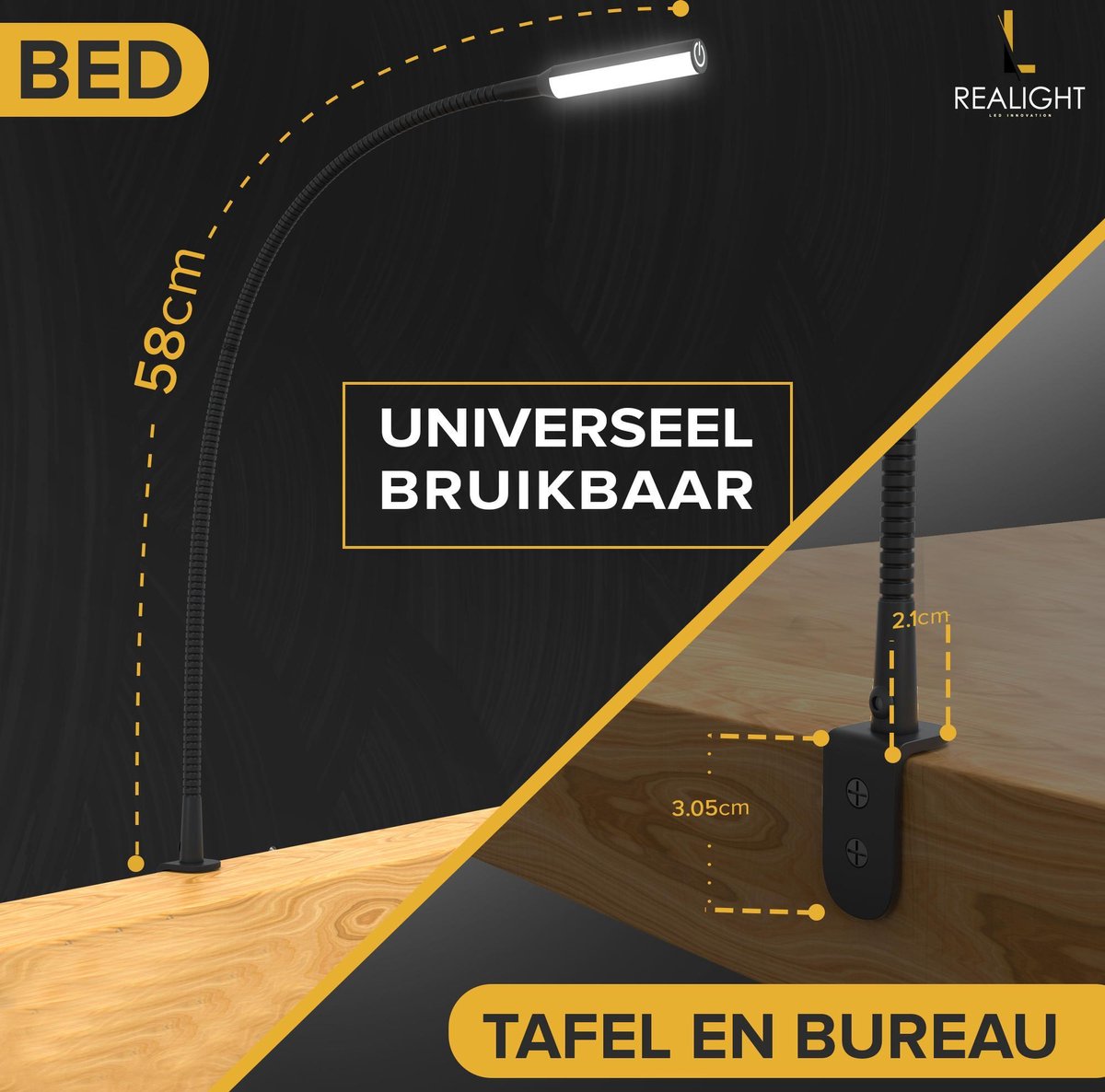 Realight BL300 Bettleuchte - LED-Nachtlicht mit Dimmfunktion - Leselicht für Bett & Kopfteil - Touch-Lampe - warmweißes Licht - 2 Stück - 58 cm - Schwarz