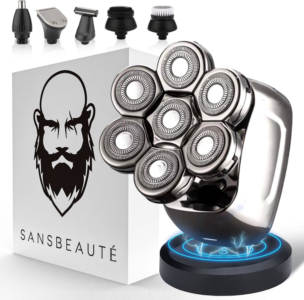 Sansbeauté® Skull Sharp PRO - Rasierer für Männer - Elektrischer Gesichts- und Kopfrasierer - Nass & Trocken - Kabelloses Laden - Elektrisch