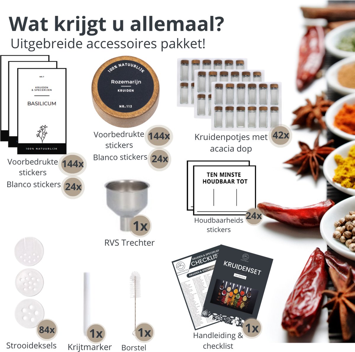 Organess Gewürzdosen Set 42 Stück quadratisch - Akaziendeckel - Inklusive Etiketten und Zubehör - 120ml