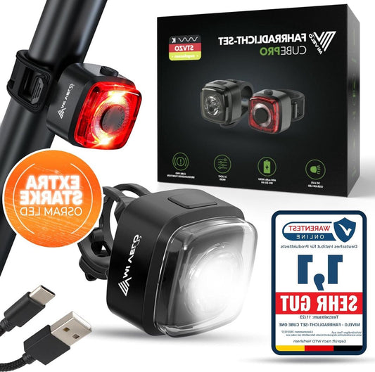 MIVELO Fahrradlichtset - Mit Bremsanzeige -  StVZO geprüft - Wasserdicht - Schwarz
