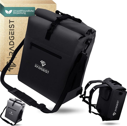 RADGEIST 3-in-1 Packtasche für Gepäckträger - Rucksack, Umhängetasche & Gepäckträgertasche - Wasserdicht mit Laptopfach 25L - Schwarz
