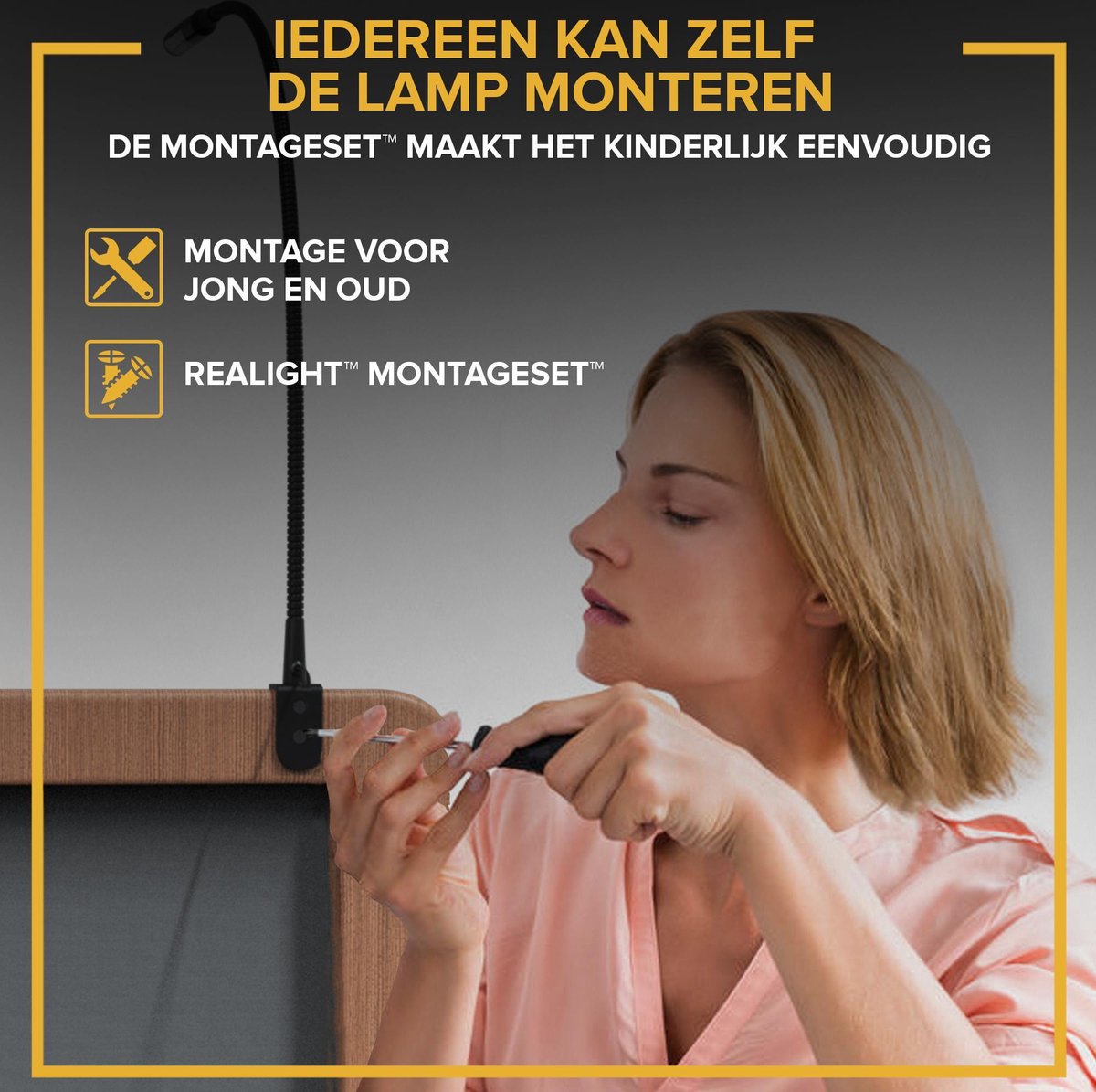 Realight BL300 Bettleuchte - LED-Nachtlicht mit Dimmfunktion - Leselicht für Bett & Kopfteil - Touch-Lampe - warmweißes Licht - 2 Stück - 58 cm - Schwarz