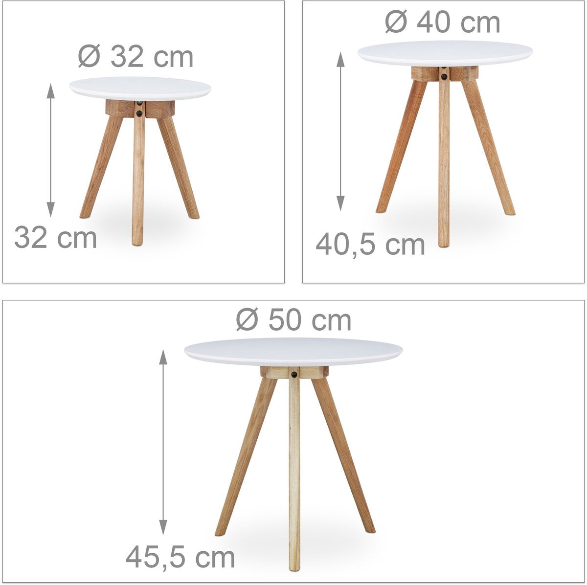 WOLTU Beistelltisch-Set, 3-teilig, Weiß/Walnuss – 50, 40 und 32 cm – rund – stapelbar