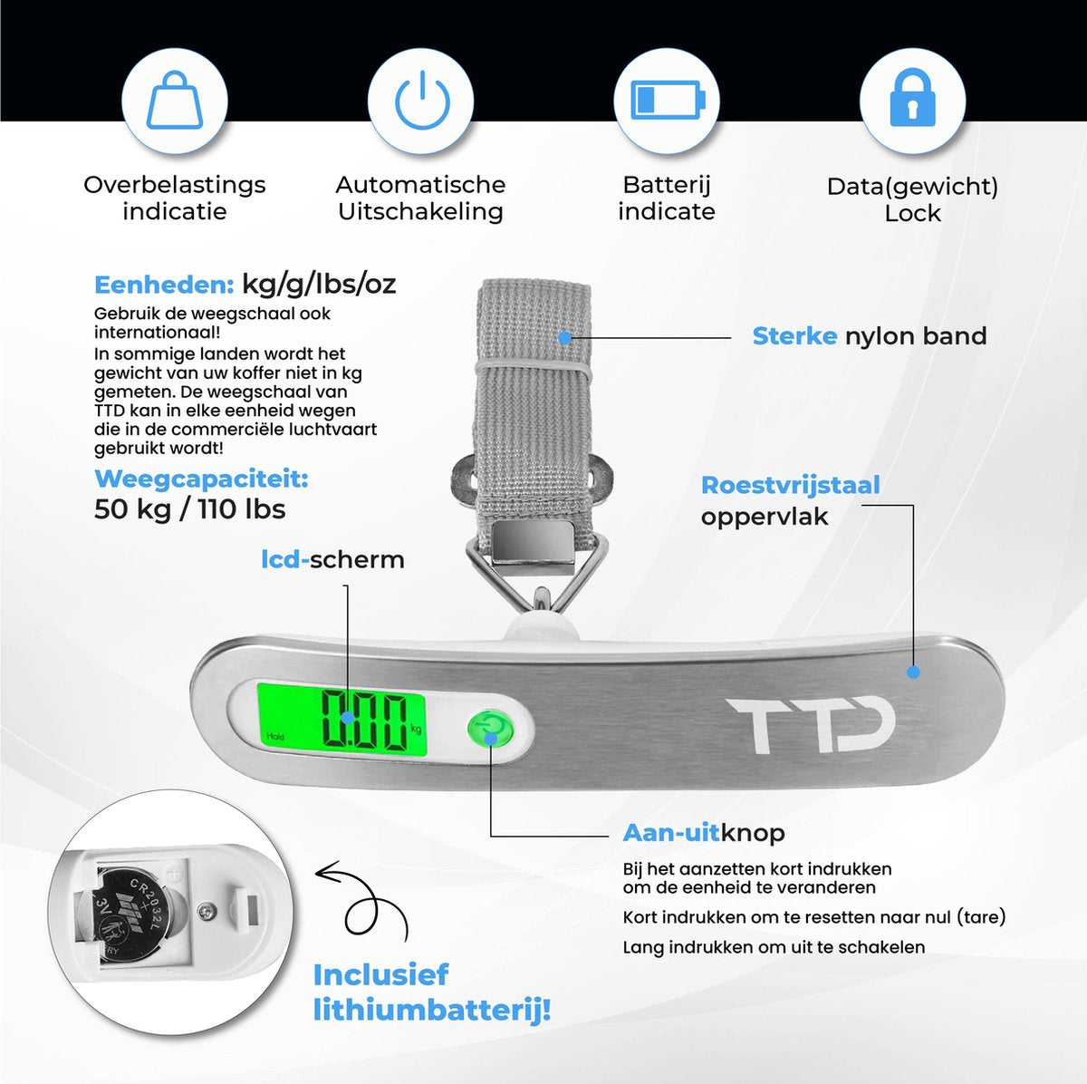 TTD® Gepäckwaage mit beleuchtetem Display - Wägebereich 50 kg - Gepäckwaage - Gepäckwaage - Hängewaage - Digitale Gepäckwaage - Gepäckwaage - Reisen mit dem Flugzeug - kg/g/lbs/oz - Batterien enthalten - Weiß