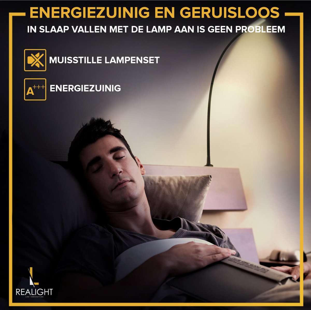 Realight BL300 Bettleuchte - LED-Nachtlicht mit Dimmfunktion - Leselicht für Bett & Kopfteil - Touch-Lampe - warmweißes Licht - 2 Stück - 58 cm - Schwarz