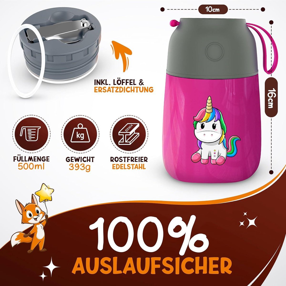 FUNKELFUCHS® - Thermobecher für Kinderkost - Essenswärmer aus Edelstahl - 500ml - 100% auslaufsicher - Rosa Einhorn
