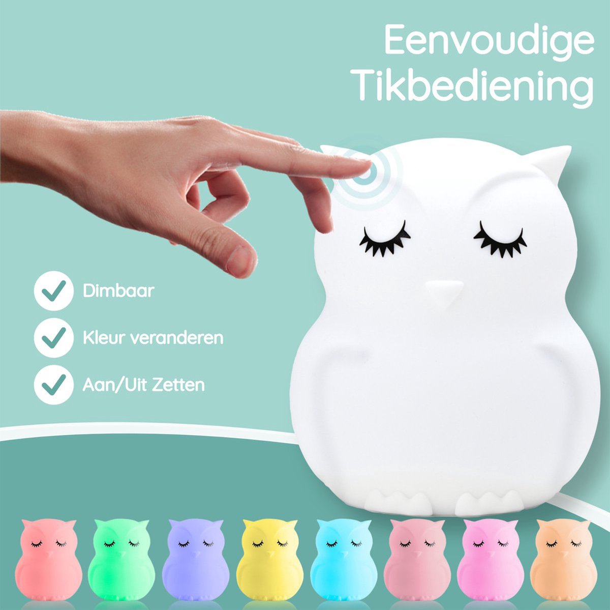 Sleepy Friends Kinder-Nachtlicht Eule - Dimmbares Nachtlicht Baby & Kind - 8 Farben - USB aufladbar - Touch & Fernbedienung - 95 x 97 x 100 mm - 169g