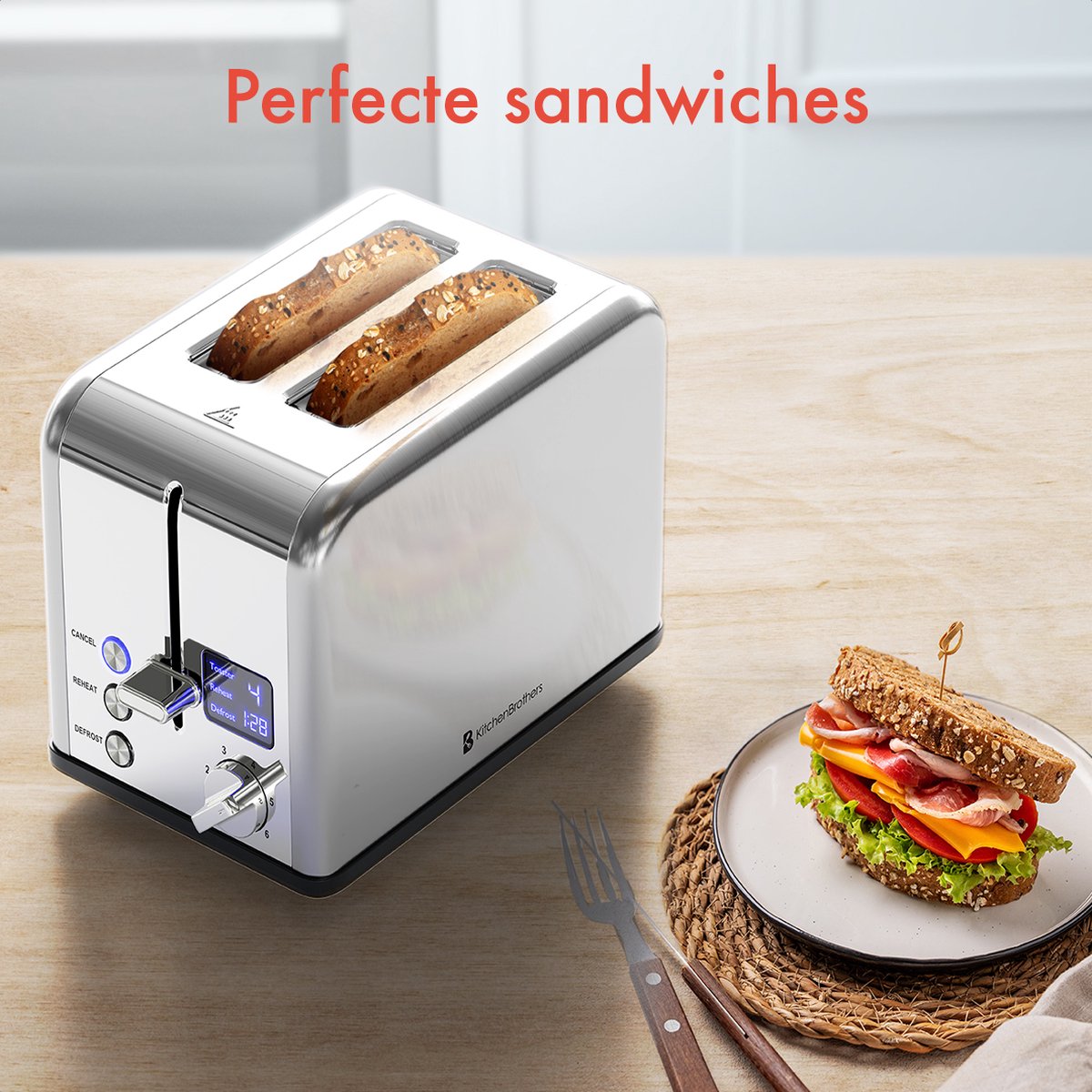 KitchenBrothers Toaster - Toaster - 6 Heizstufen - 2 extra breite Schlitze - 815W - Edelstahl/Silber