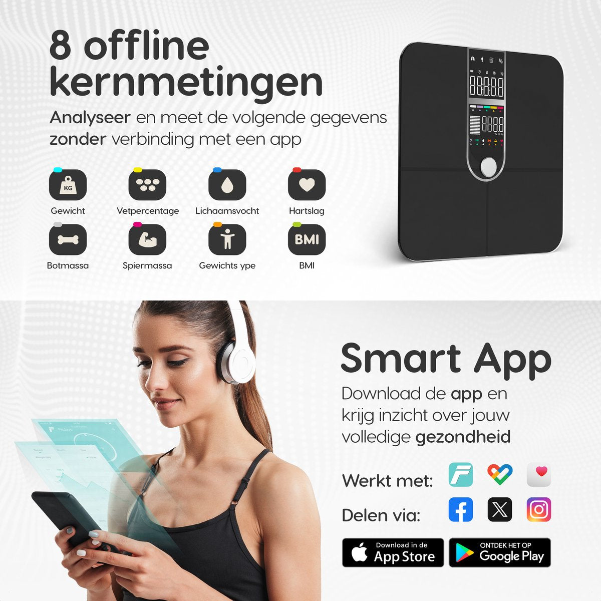 Dymac Quantum Fit Waage Personenwaage Digital - Schwarz - Intelligente Waage mit 16-facher Körperanalyse inklusive Fettanteil - inkl. App