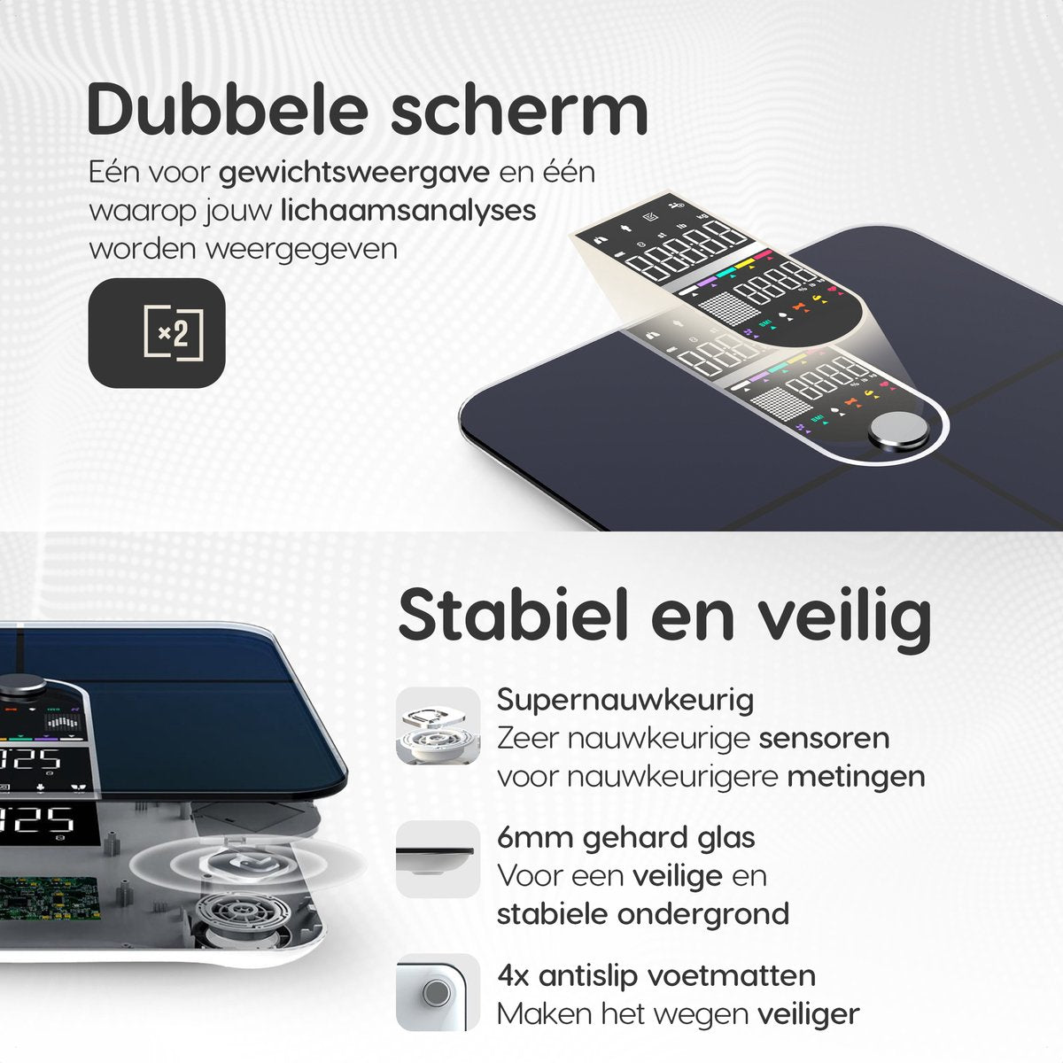 Dymac Quantum Fit Waage Personenwaage Digital - Schwarz - Intelligente Waage mit 16-facher Körperanalyse inklusive Fettanteil - inkl. App