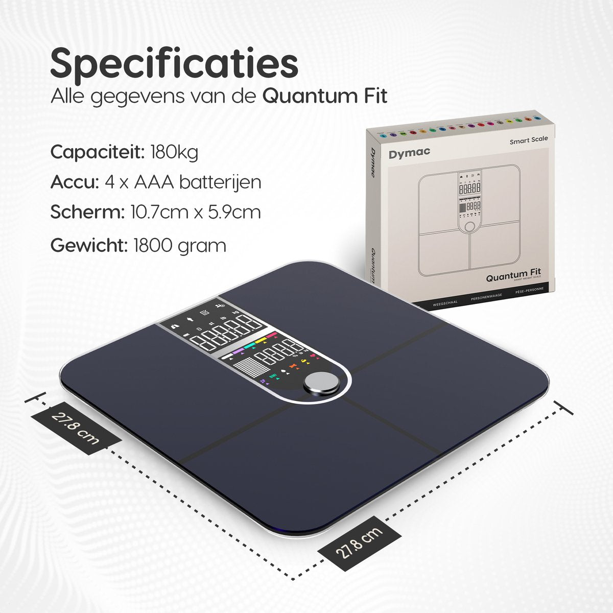 Dymac Quantum Fit Waage Personenwaage Digital - Schwarz - Intelligente Waage mit 16-facher Körperanalyse inklusive Fettanteil - inkl. App