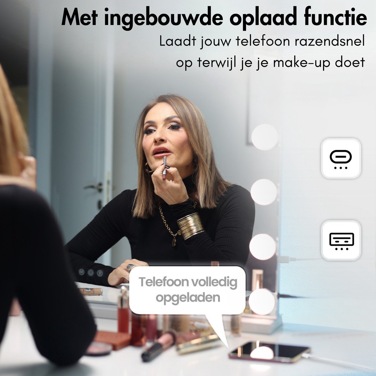 Sansbeauté® Hollywood Mirror 80x62,5 cm - Schminkspiegel - 18 LED-Lampen - 10fache Vergrößerung - dimmbar - USB-Ladeanschluss - Touch Control - Weiß