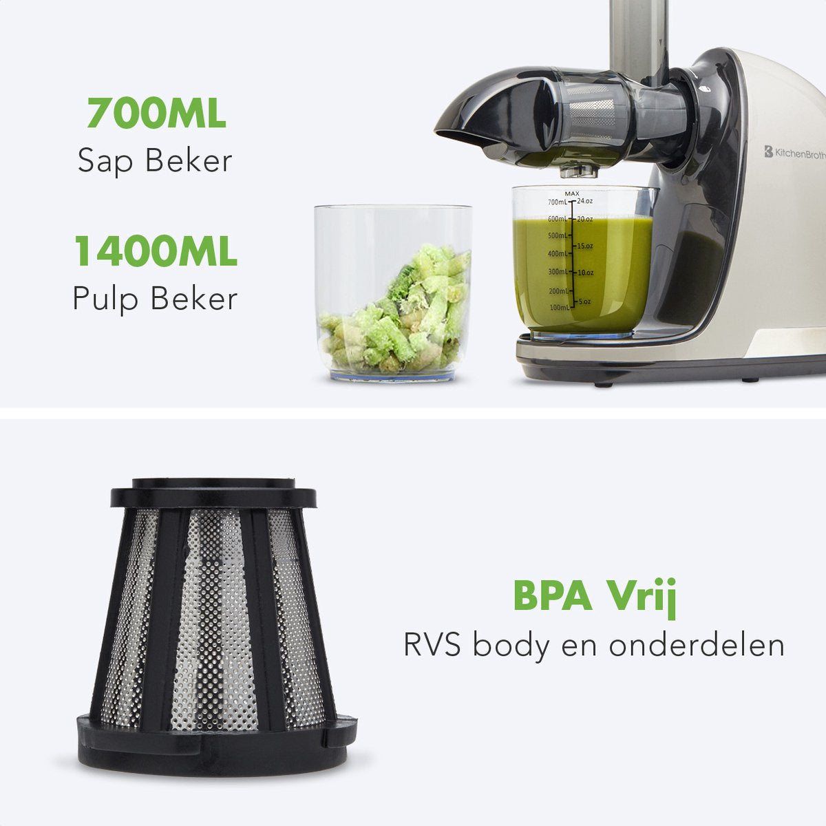 KitchenBrothers Slowjuicer - 150W - Mit Fruchtfleischbehälter - Inkl. 700ml Saftbecher