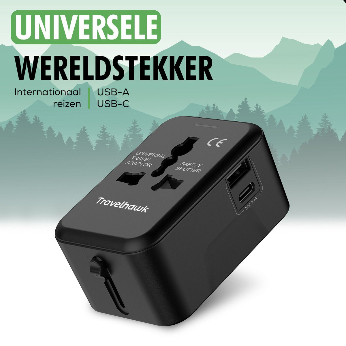 TravelHawk Universal World Plug Schwarz - USB-C & USB-Anschluss - Für 150+ Länder - Kompakt 7,5 x 5 x 3,5 cm