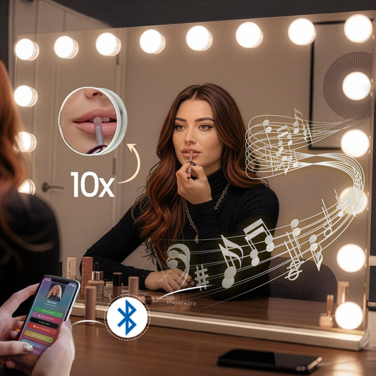 Sansbeauté® Hollywood Mirror 80x60 cm - Make-up-Spiegel - 18 LED-Lampen - 10-fache Vergrößerung - dimmbar - USB-Ladeanschluss - Touch-Steuerung - Bluetooth - Multi
