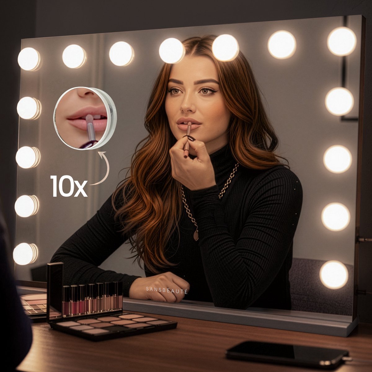 Sansbeauté® Hollywood Mirror 58x43 cm - Make-up-Spiegel - 15 LED-Lampen - 10-fache Vergrößerung - dimmbar - USB-Ladeanschluss - Touch Control - Schwarz