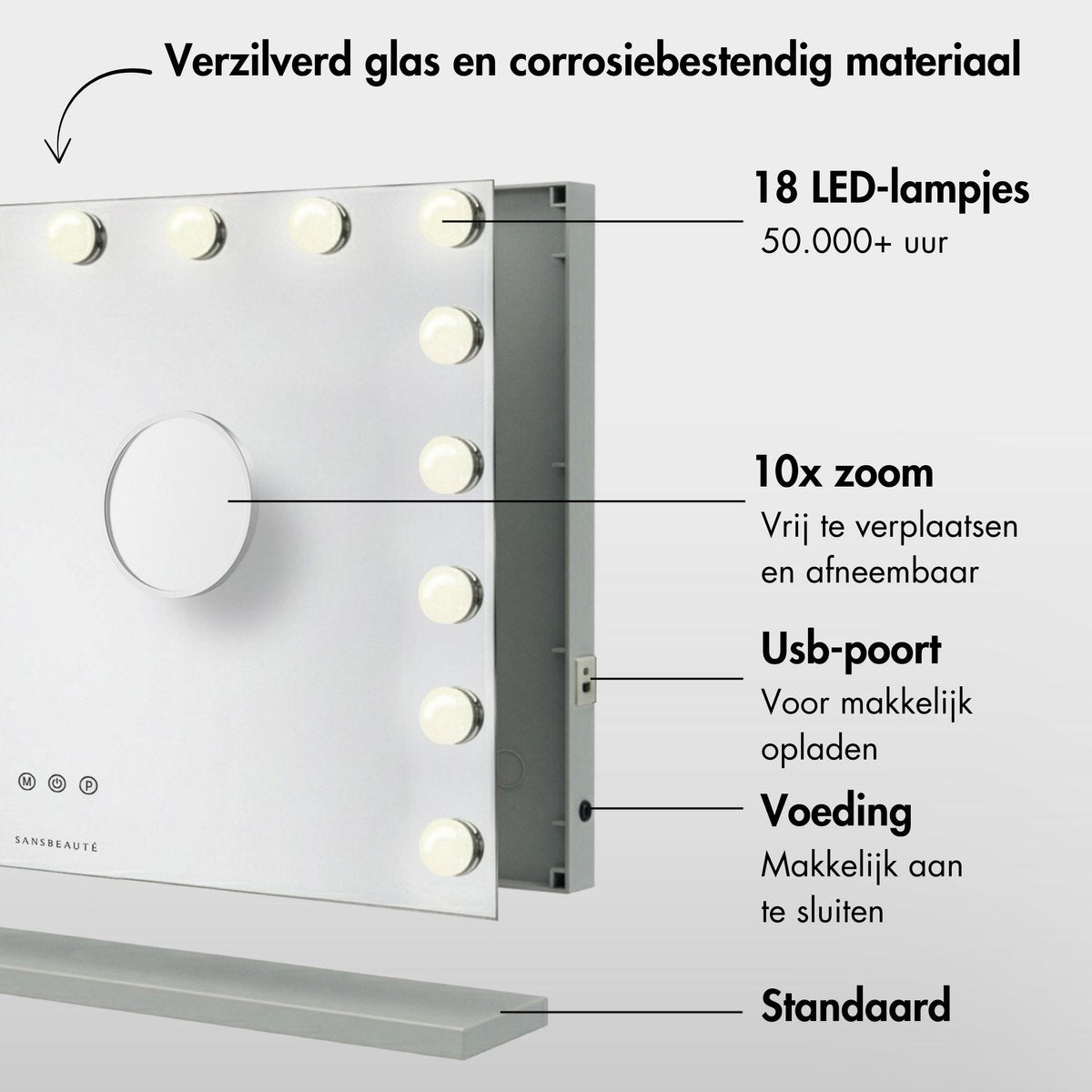 Sansbeauté® Hollywood Mirror 80x60 cm - Make-up-Spiegel - 18 LED-Lampen - 10-fache Vergrößerung - dimmbar - USB-Ladeanschluss - Touch-Steuerung - Bluetooth - Multi