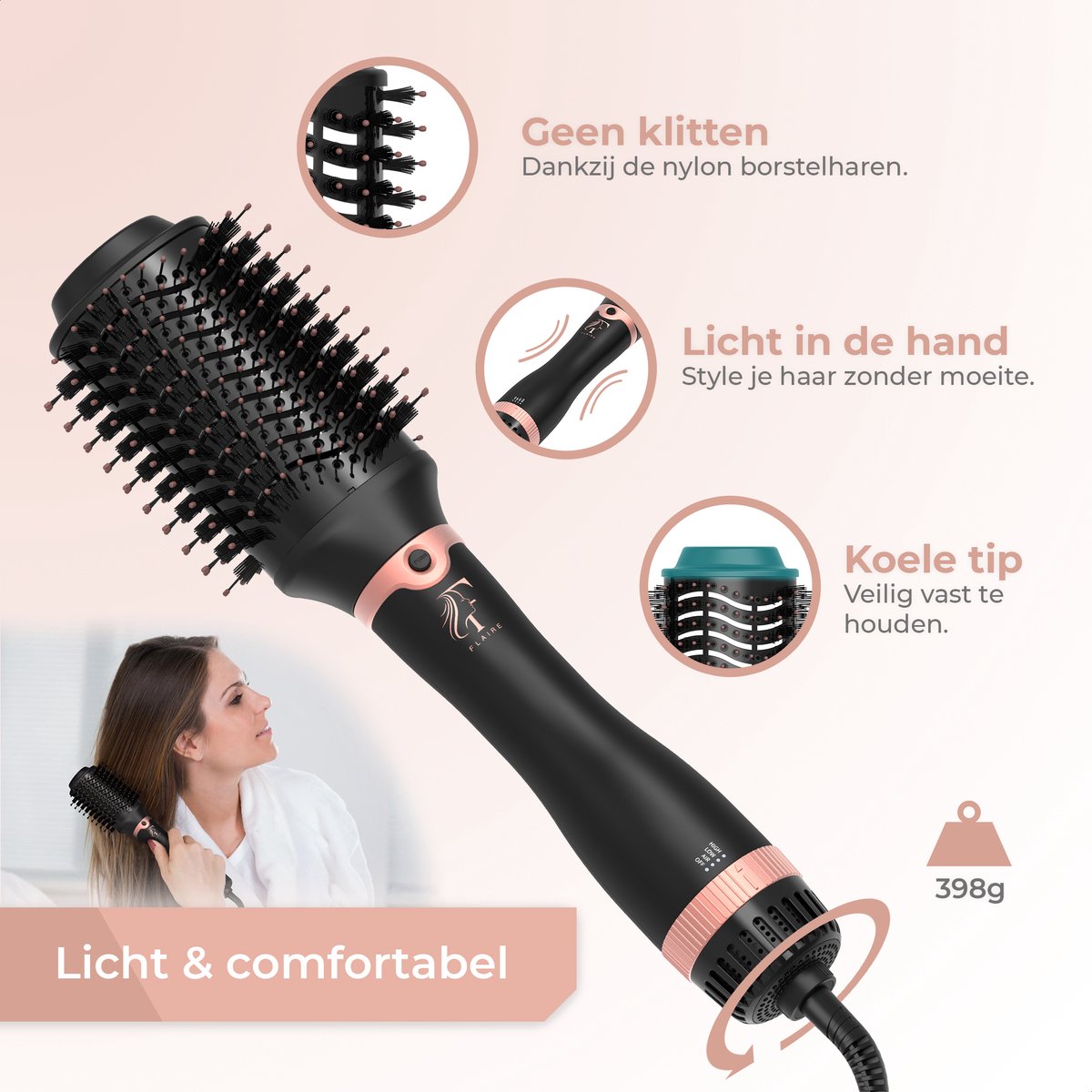 Flaire ROSÉ Haartrocknerbürste mit 3 Aufsätzen - Keramik-Lockenbürste - ionisch - 1200W - Schwarz