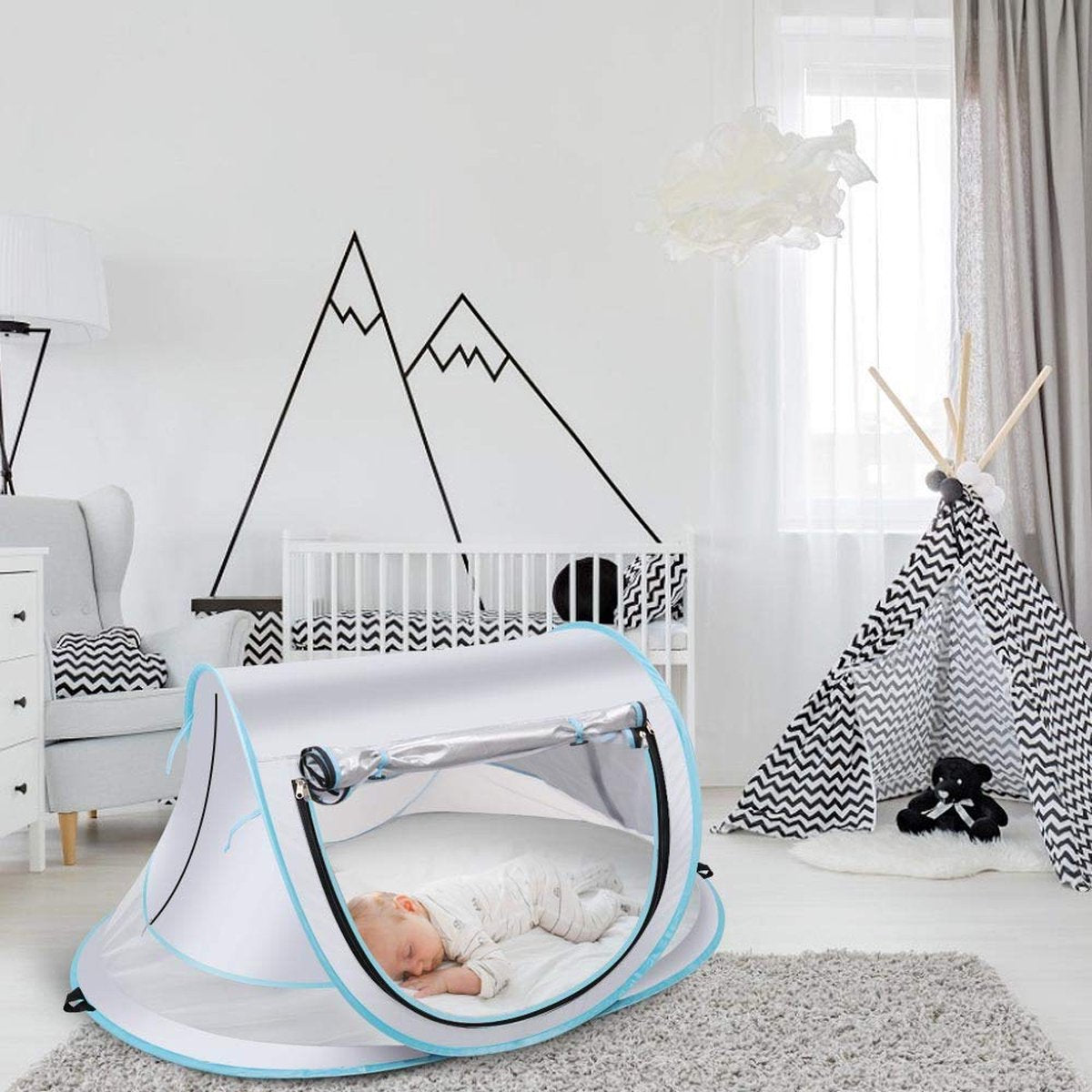 Fuegobird BabyBox Campingbett - UV50+ - faltbar - inkl. Moskitonetz - 140 x 65 x 90 cm - Silber