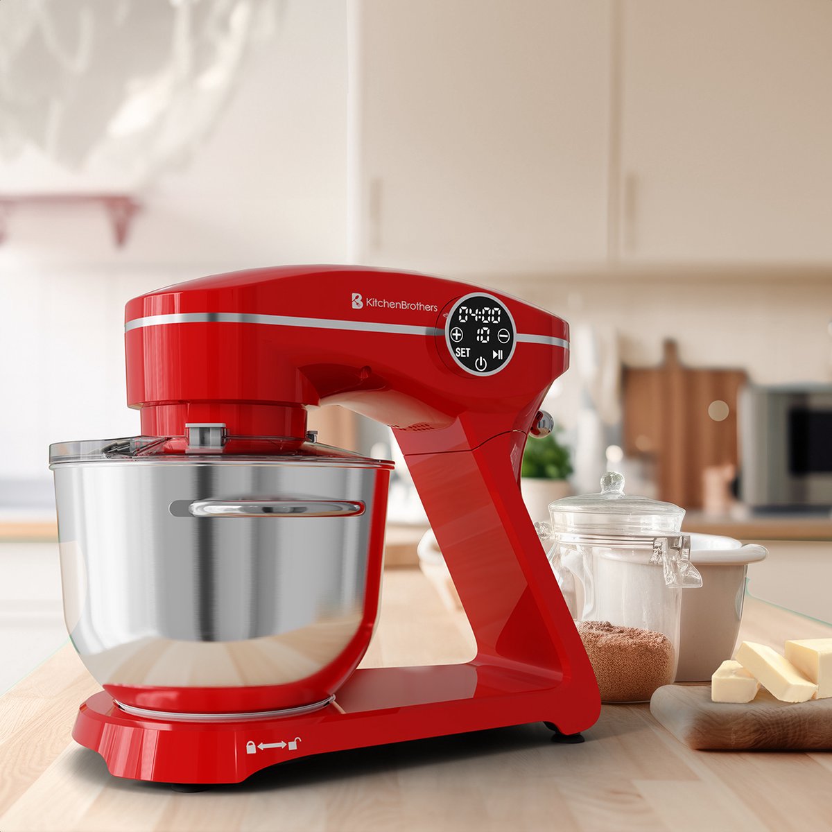 KitchenBrothers Küchenmaschine - Touch-Display und Timer - Küchenroboter - 6L - 1800W - Aluminium - Rot