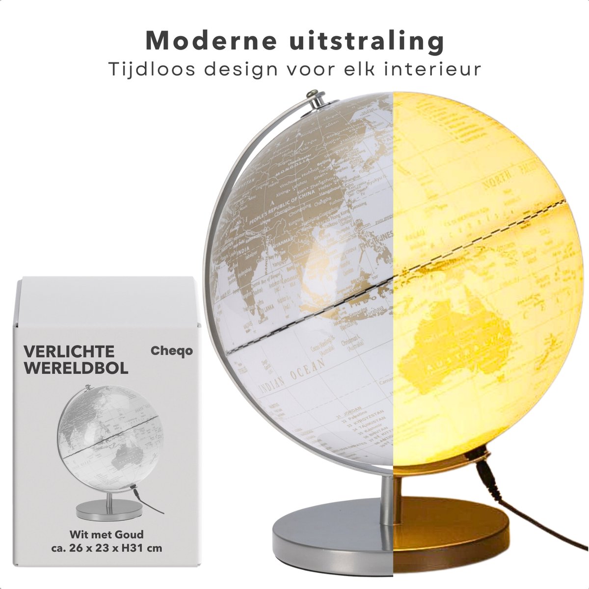 Cheqo® Globuslampe 31 cm - LED-Kugel mit Beleuchtung - Weißgold - Dekorative USB-Kugellampe
