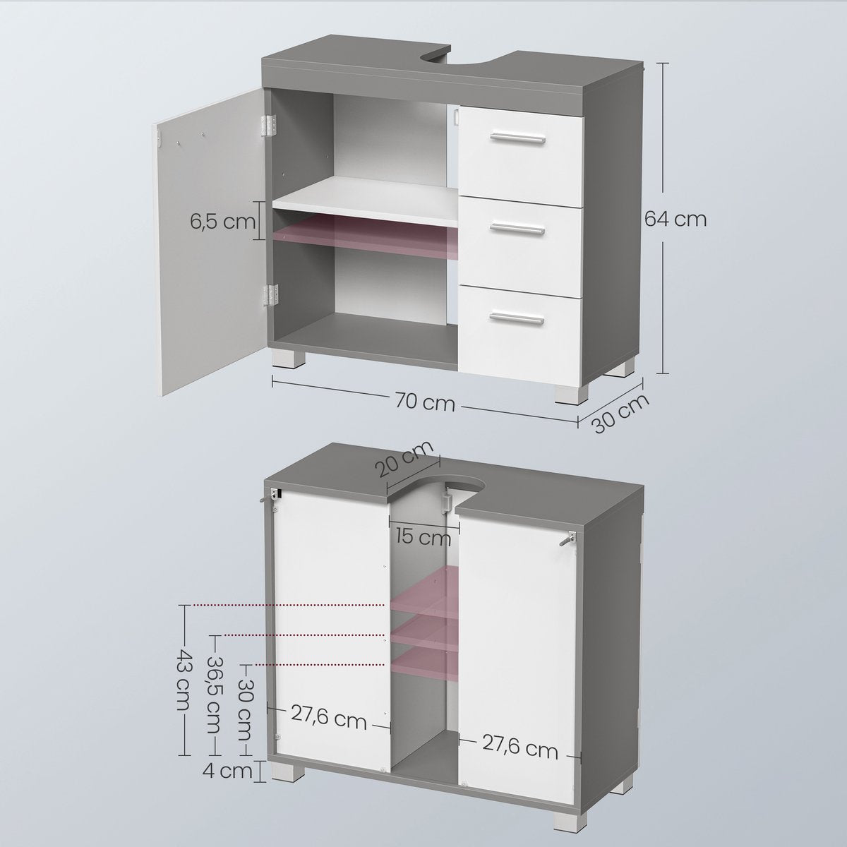 EUGAD Waschtischunterschrank - Badezimmerschrank mit 3 Schubladen und 2 Fächern - verstellbarer Einlegeboden - weißgrau - 60 x 60 x 30 cm