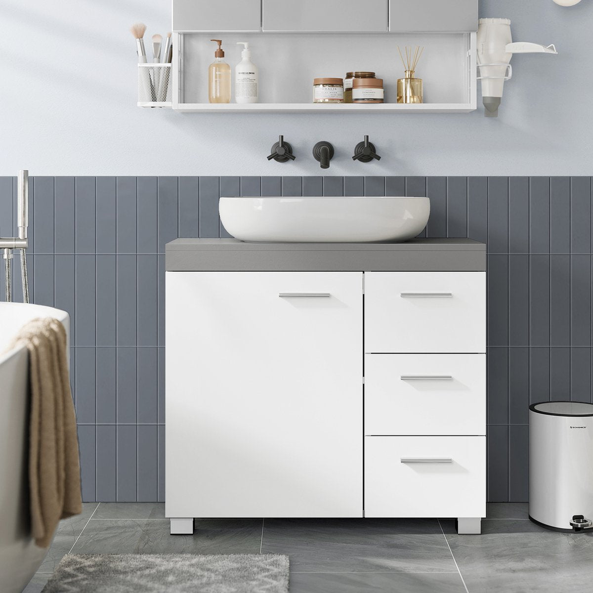 EUGAD Waschtischunterschrank - Badezimmerschrank mit 3 Schubladen und 2 Fächern - verstellbarer Einlegeboden - weißgrau - 60 x 60 x 30 cm