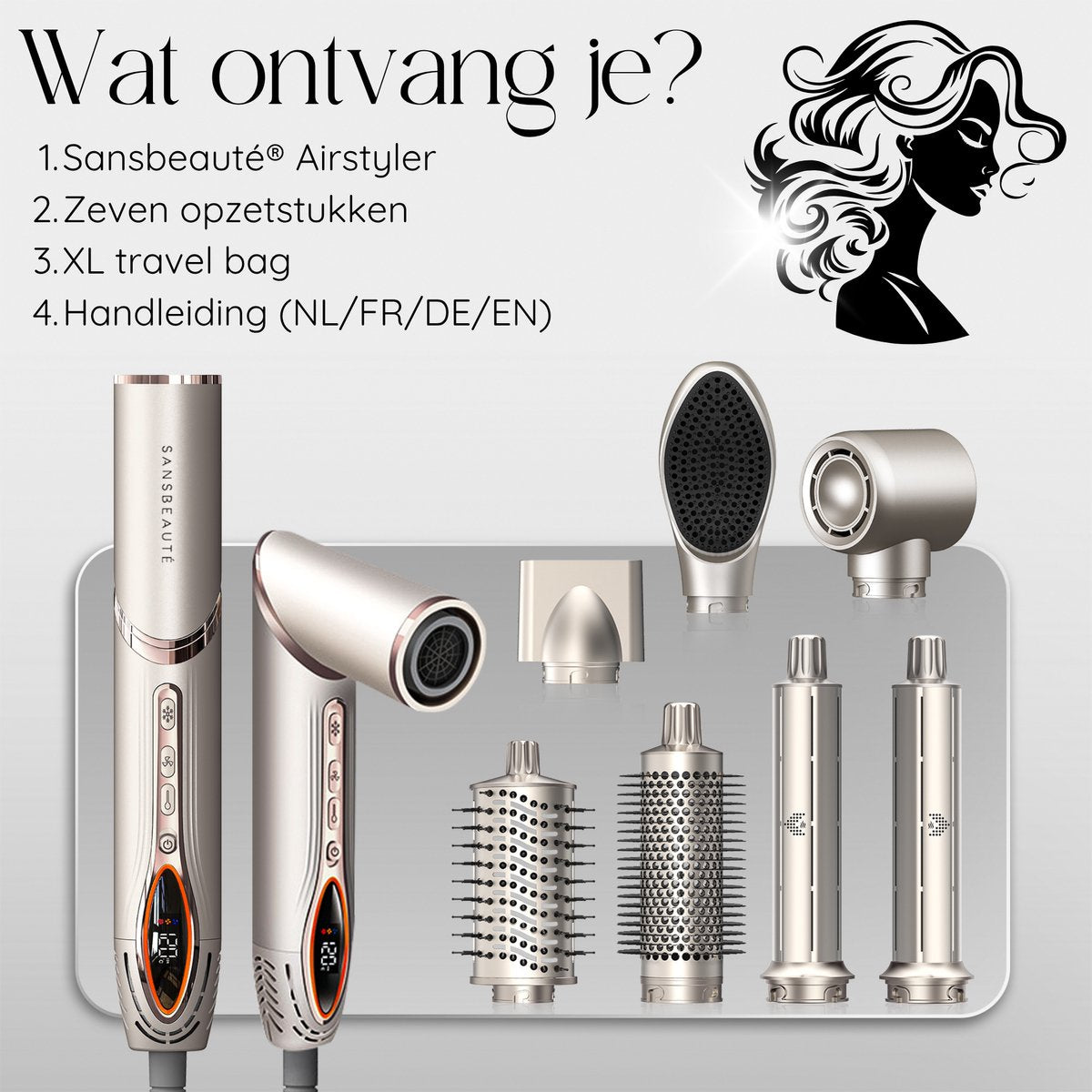 Sansbeauté® 7-in-1 Airstyler - Multistyler - Haartrocknerbürste - Lockenstab - Stylingbürste - Haarstyler - Wärmebürste - Gold