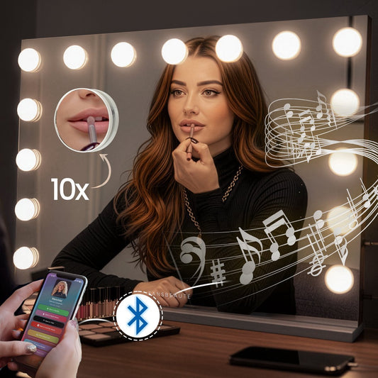 Sansbeauté® Hollywood Mirror 58x43 cm - Make-up-Spiegel - 15 LED-Lampen - 10-fache Vergrößerung - dimmbar - USB-Ladeanschluss - Touch-Steuerung - Bluetooth - Weiß