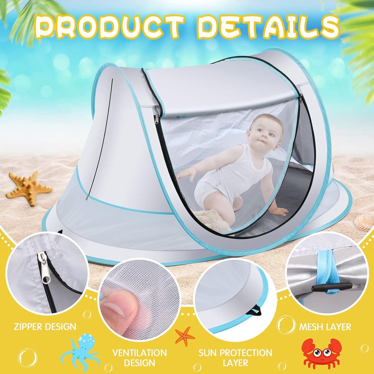 Fuegobird BabyBox Campingbett - UV50+ - faltbar - inkl. Moskitonetz - 140 x 65 x 90 cm - Silber